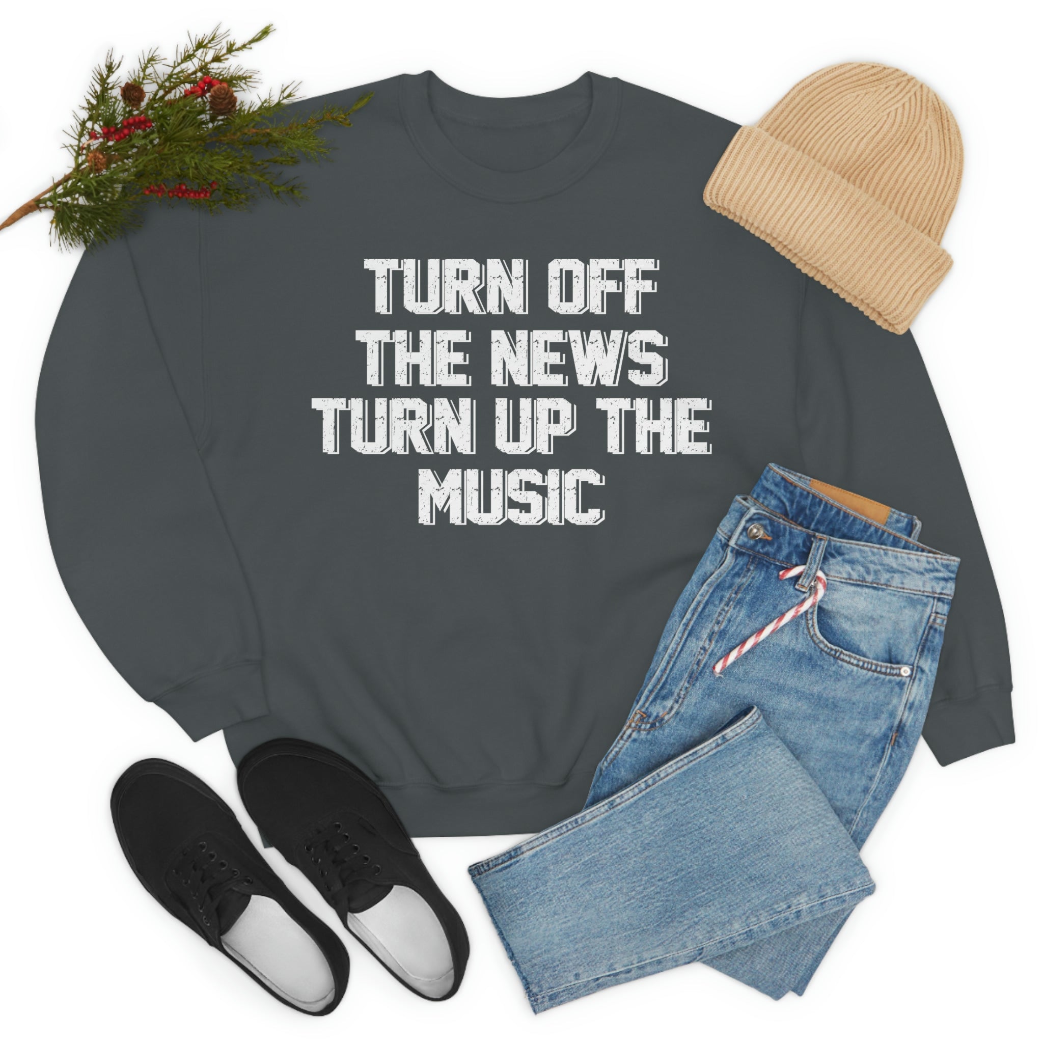 A cozy Turn Up The Music Sweat Shirt made from soft ring-spun cotton, featuring double stitching for durability, available in various sizes.