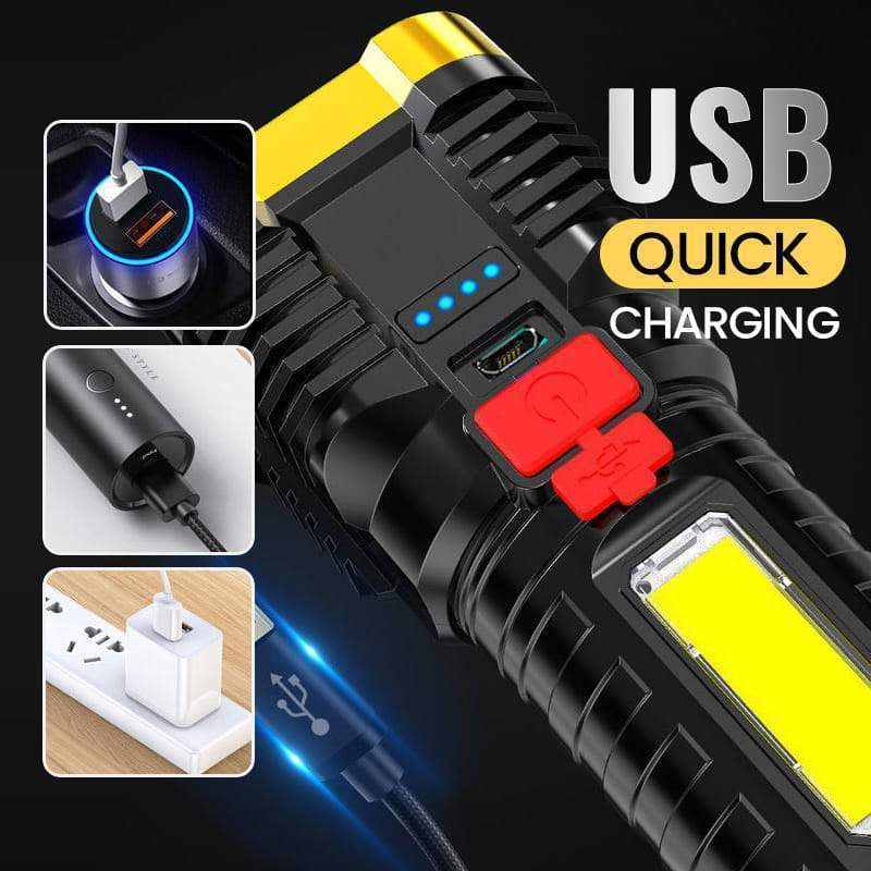 Ultra Bright Waterproof Outdoor LED Flashlight with Side Lamp, showcasing its four LED bulbs and side lamp feature, perfect for camping.