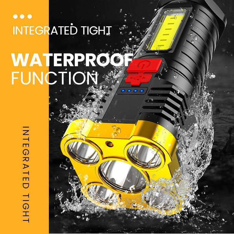 Ultra Bright Waterproof Outdoor LED Flashlight with Side Lamp, showcasing its four LED bulbs and side lamp feature, perfect for camping.