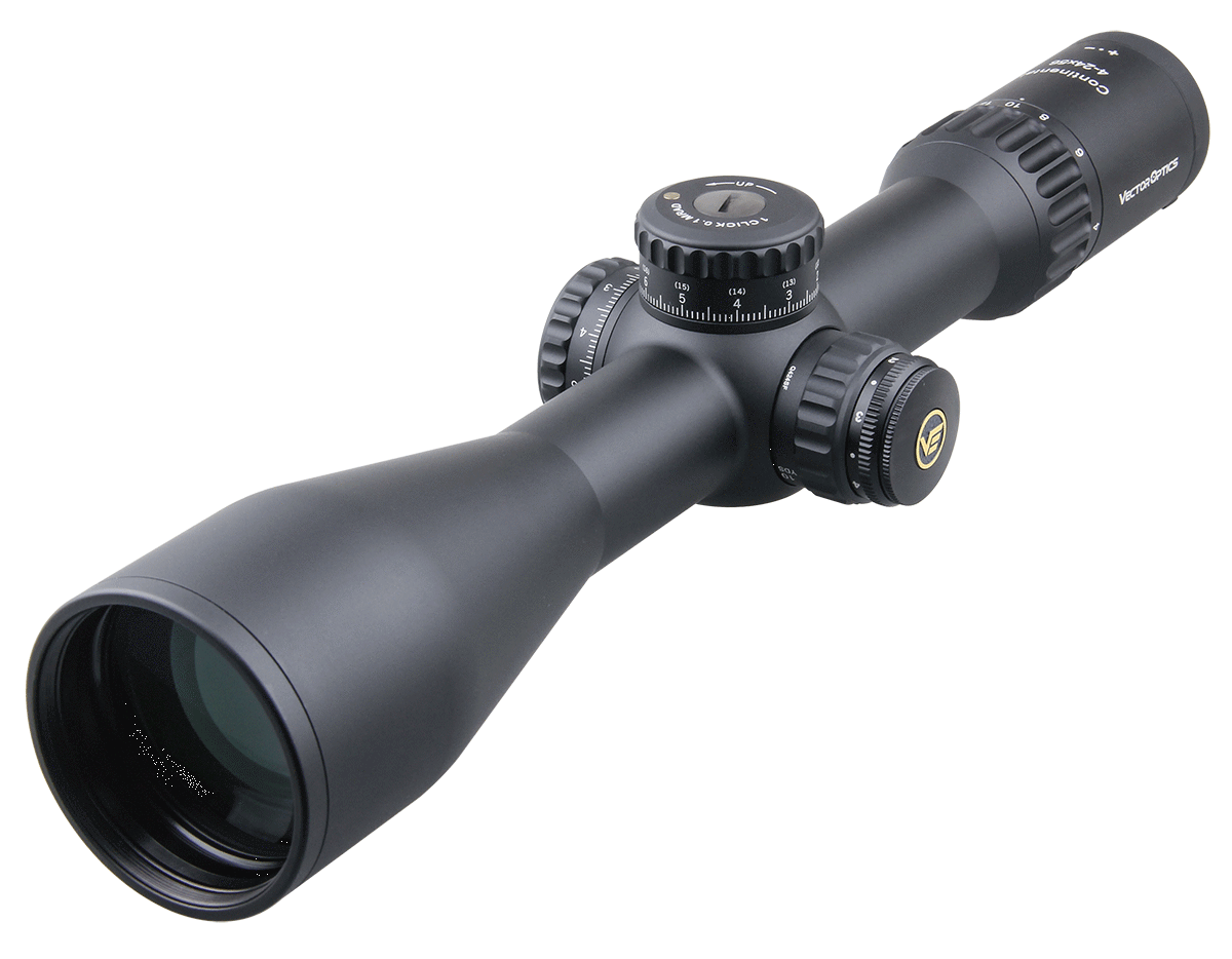 Vector Optics Continental 4-24x56 HD 34mm FFP Hunting Riflescope with tactical design and clear optics.