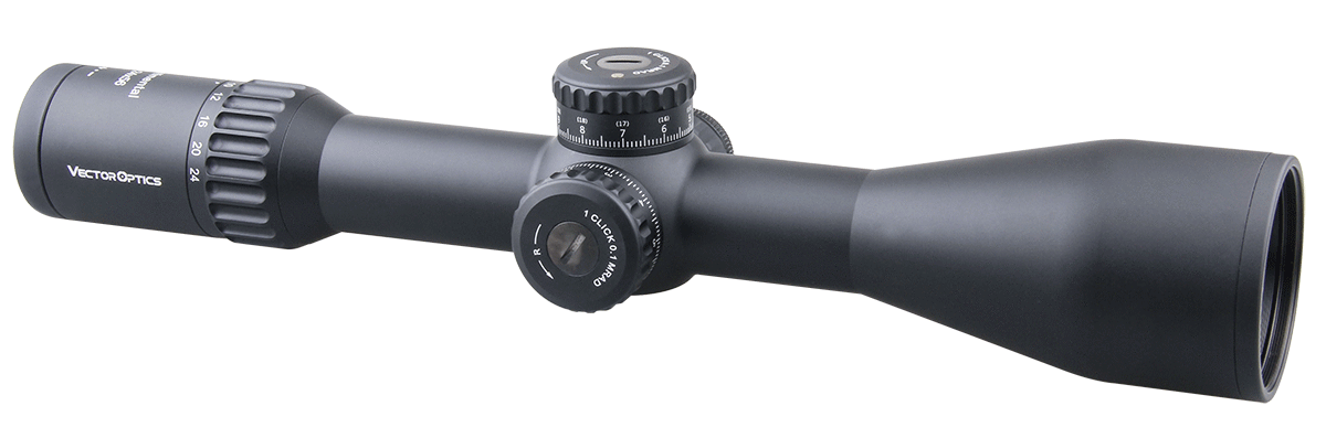 Vector Optics Continental 4-24x56 HD 34mm FFP Hunting Riflescope with tactical design and clear optics.