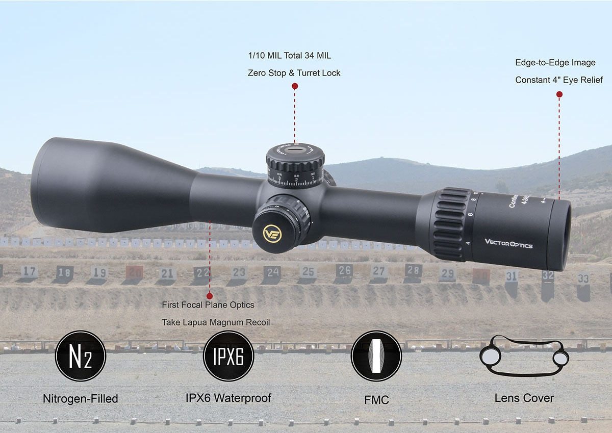 Vector Optics Continental 4-24x56 HD 34mm FFP Hunting Riflescope with tactical design and clear optics.