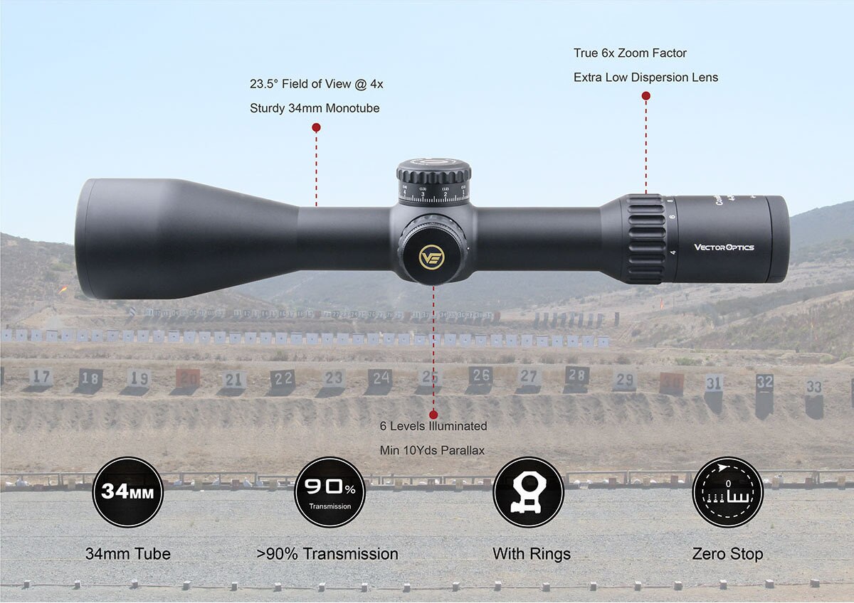 Vector Optics Continental 4-24x56 HD 34mm FFP Hunting Riflescope with tactical design and clear optics.