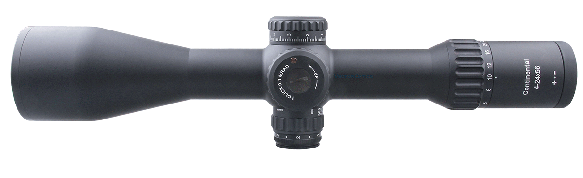 Vector Optics Continental 4-24x56 HD 34mm FFP Hunting Riflescope with tactical design and clear optics.