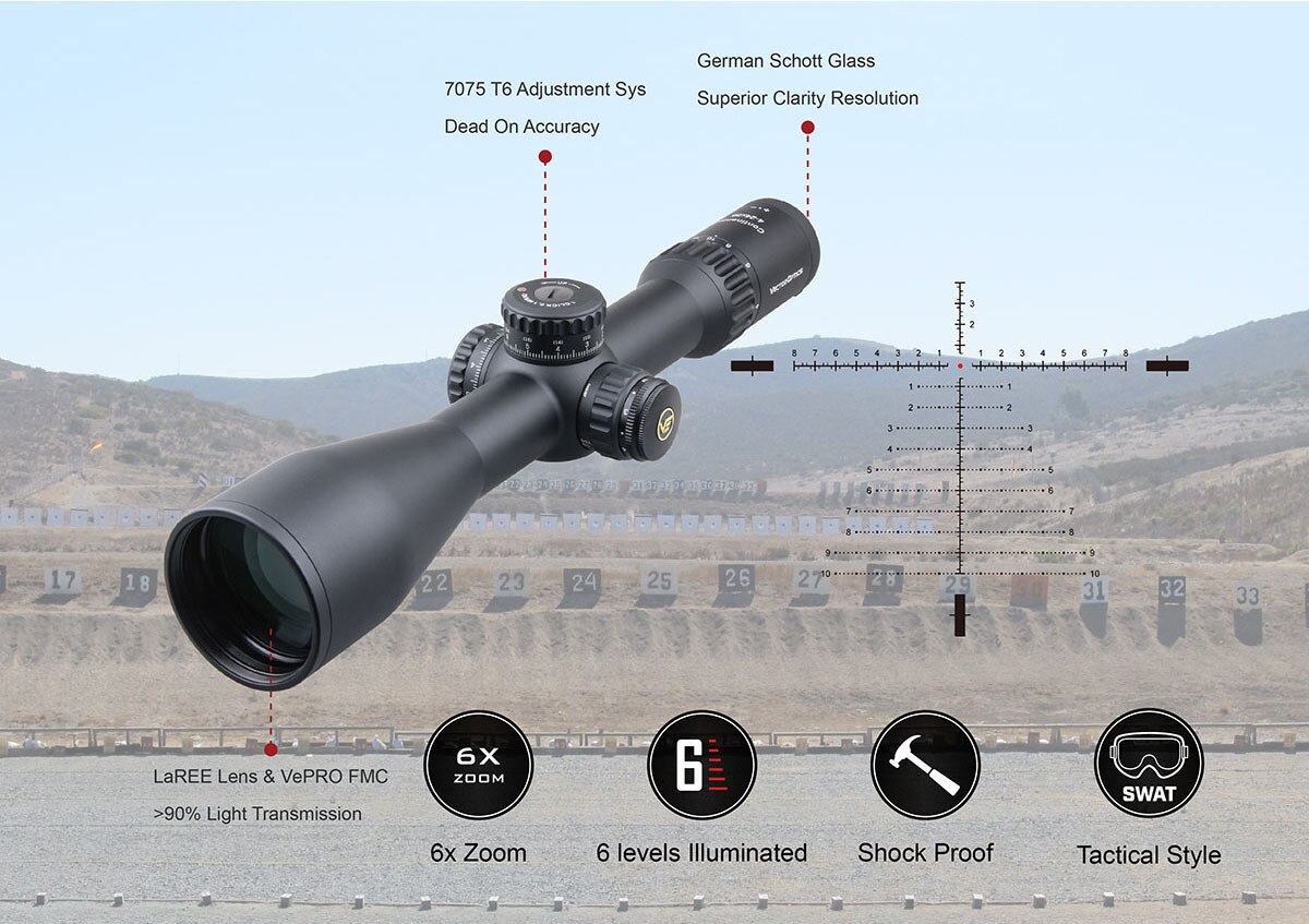 Vector Optics Continental 4-24x56 HD 34mm FFP Hunting Riflescope with tactical design and clear optics.