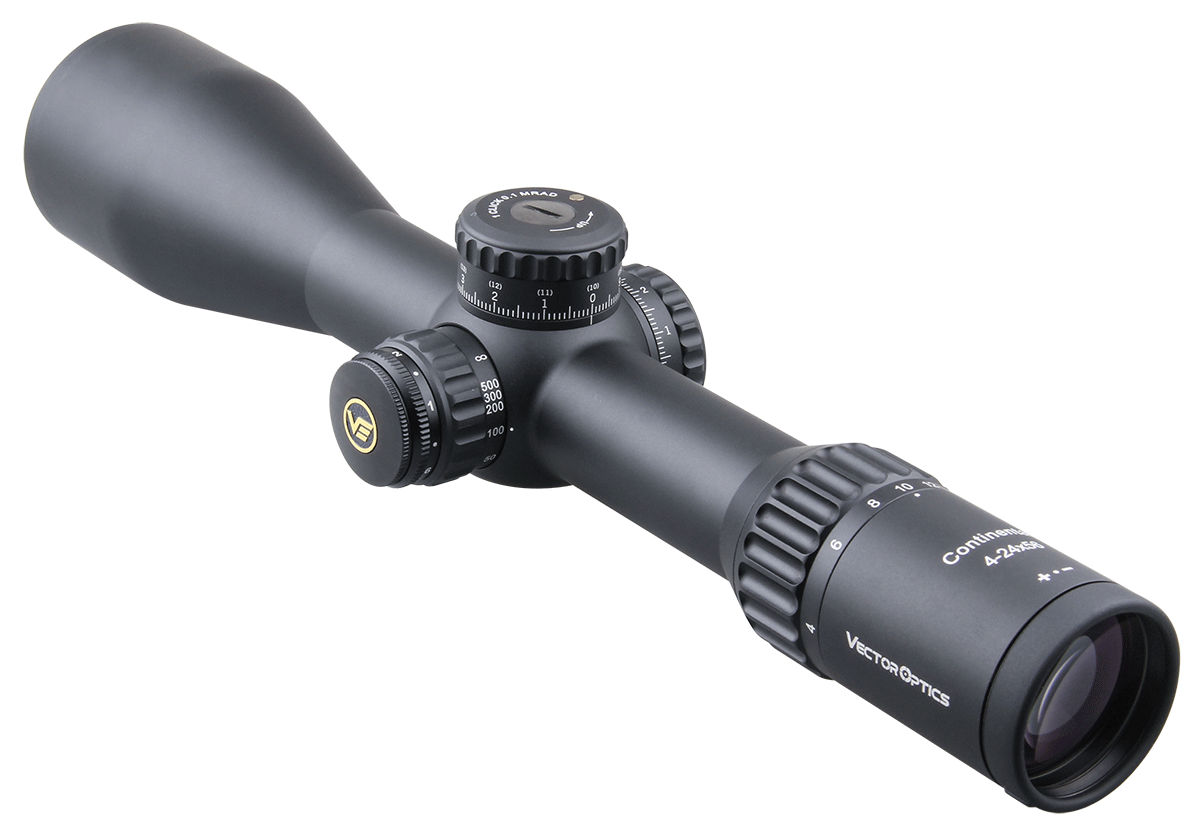 Vector Optics Continental 4-24x56 HD 34mm FFP Hunting Riflescope with tactical design and clear optics.