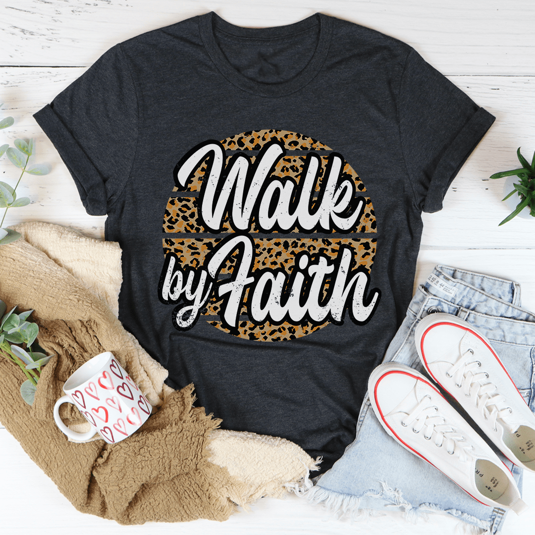 Walk By Faith Tee in soft ring-spun cotton, featuring double stitching for durability and a stylish design.