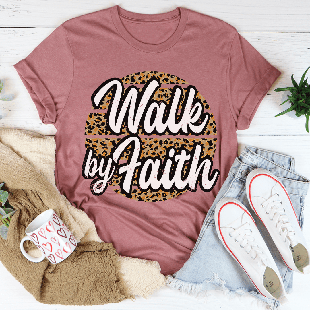 Walk By Faith Tee in soft ring-spun cotton, featuring double stitching for durability and a stylish design.