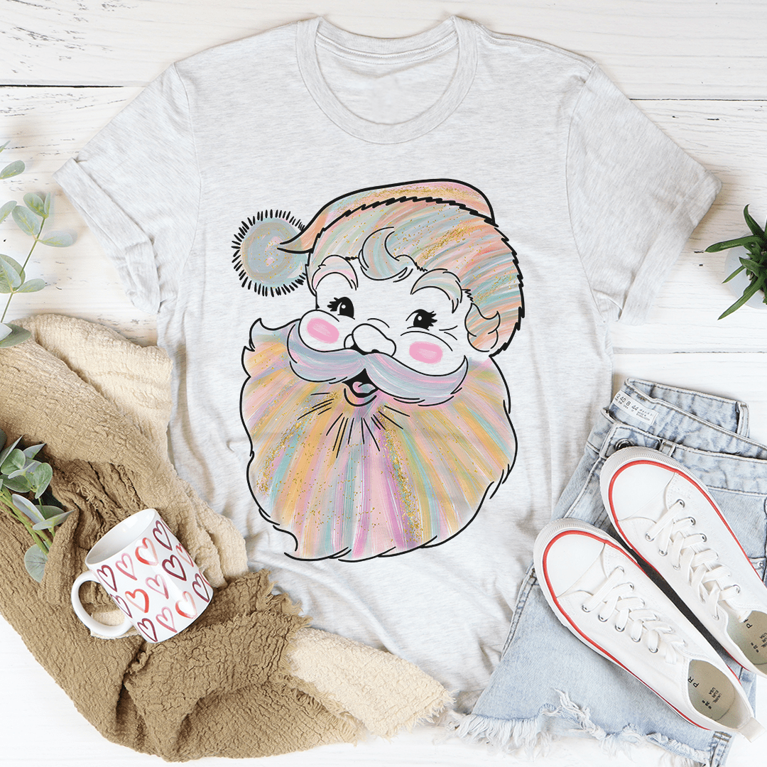 A cozy Watercolor Santa Tee featuring a festive Santa design, made from soft ring-spun cotton with double stitching for durability.