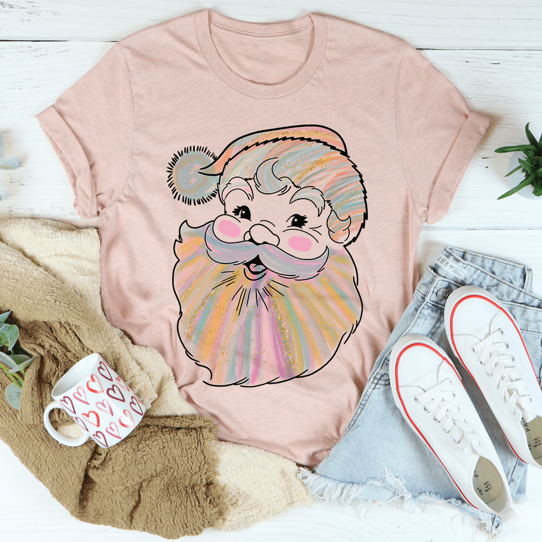 A cozy Watercolor Santa Tee featuring a festive Santa design, made from soft ring-spun cotton with double stitching for durability.