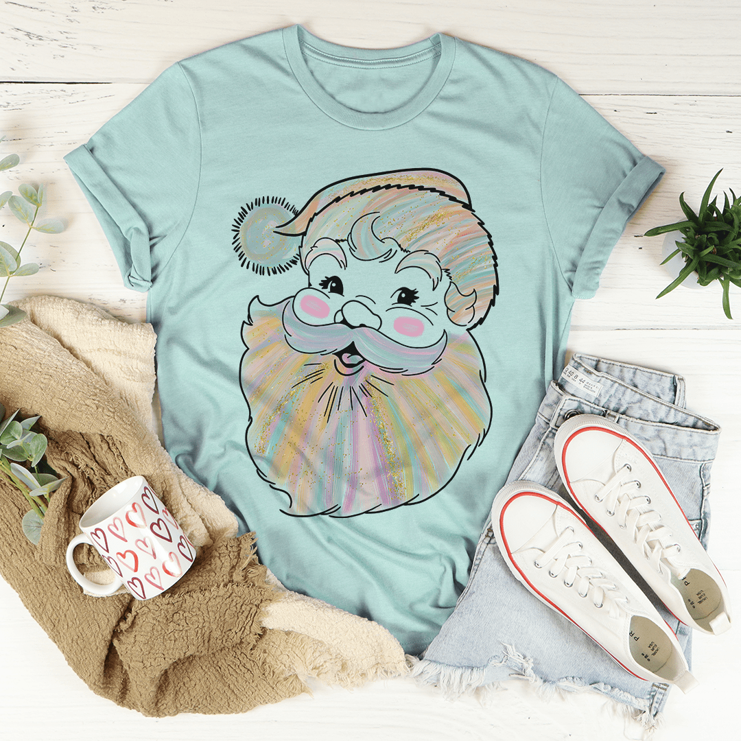 A cozy Watercolor Santa Tee featuring a festive Santa design, made from soft ring-spun cotton with double stitching for durability.