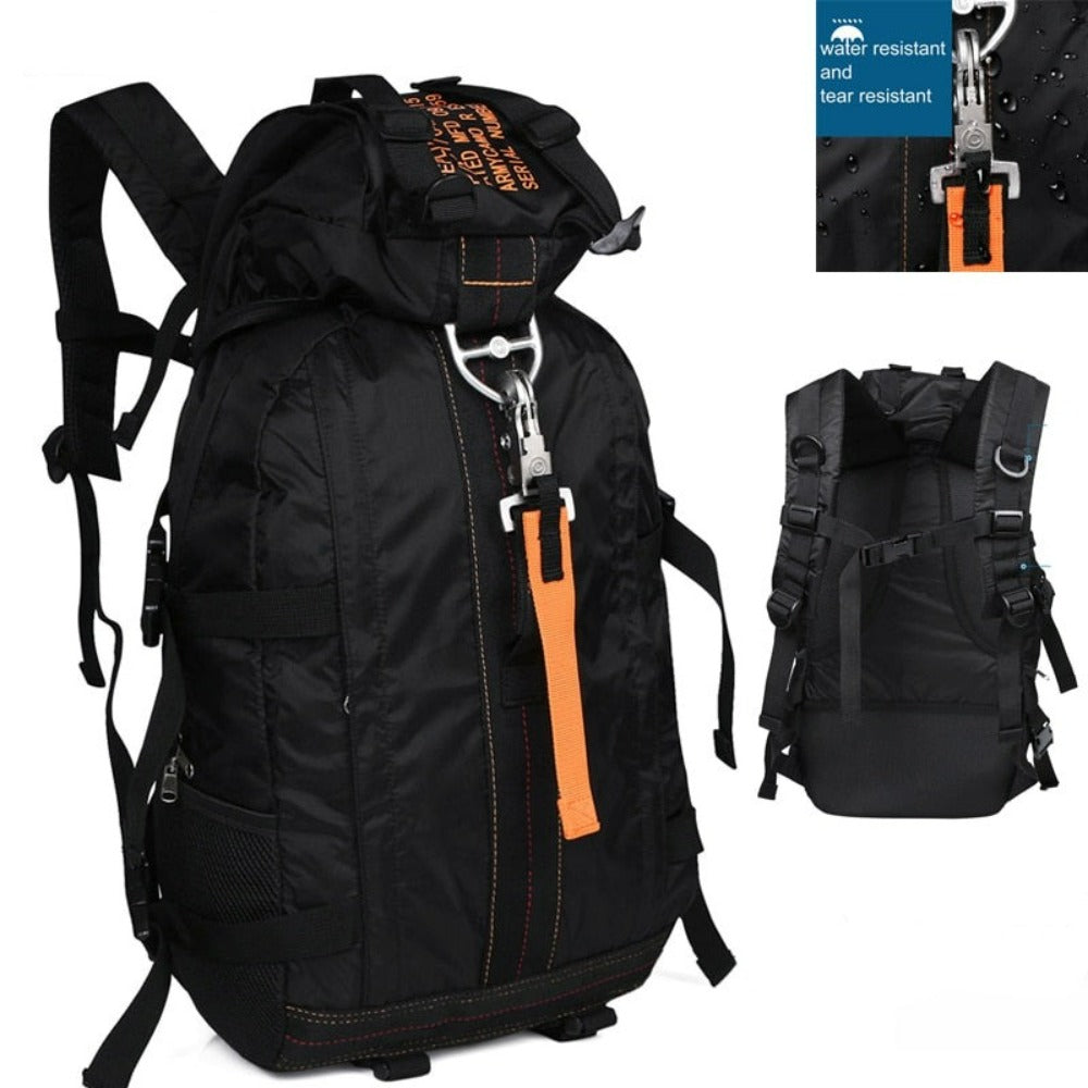 A waterproof lightweight hiking backpack made of durable nylon, featuring multiple pockets and heavy-duty zippers, ideal for outdoor adventures.