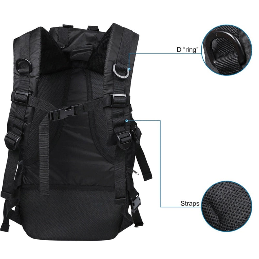 A waterproof lightweight hiking backpack made of durable nylon, featuring multiple pockets and heavy-duty zippers, ideal for outdoor adventures.