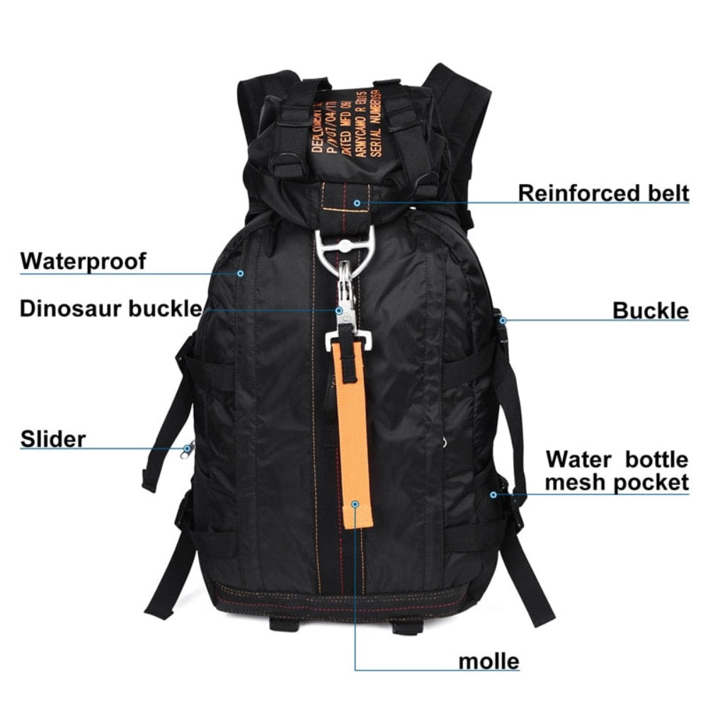 A waterproof lightweight hiking backpack made of durable nylon, featuring multiple pockets and heavy-duty zippers, ideal for outdoor adventures.