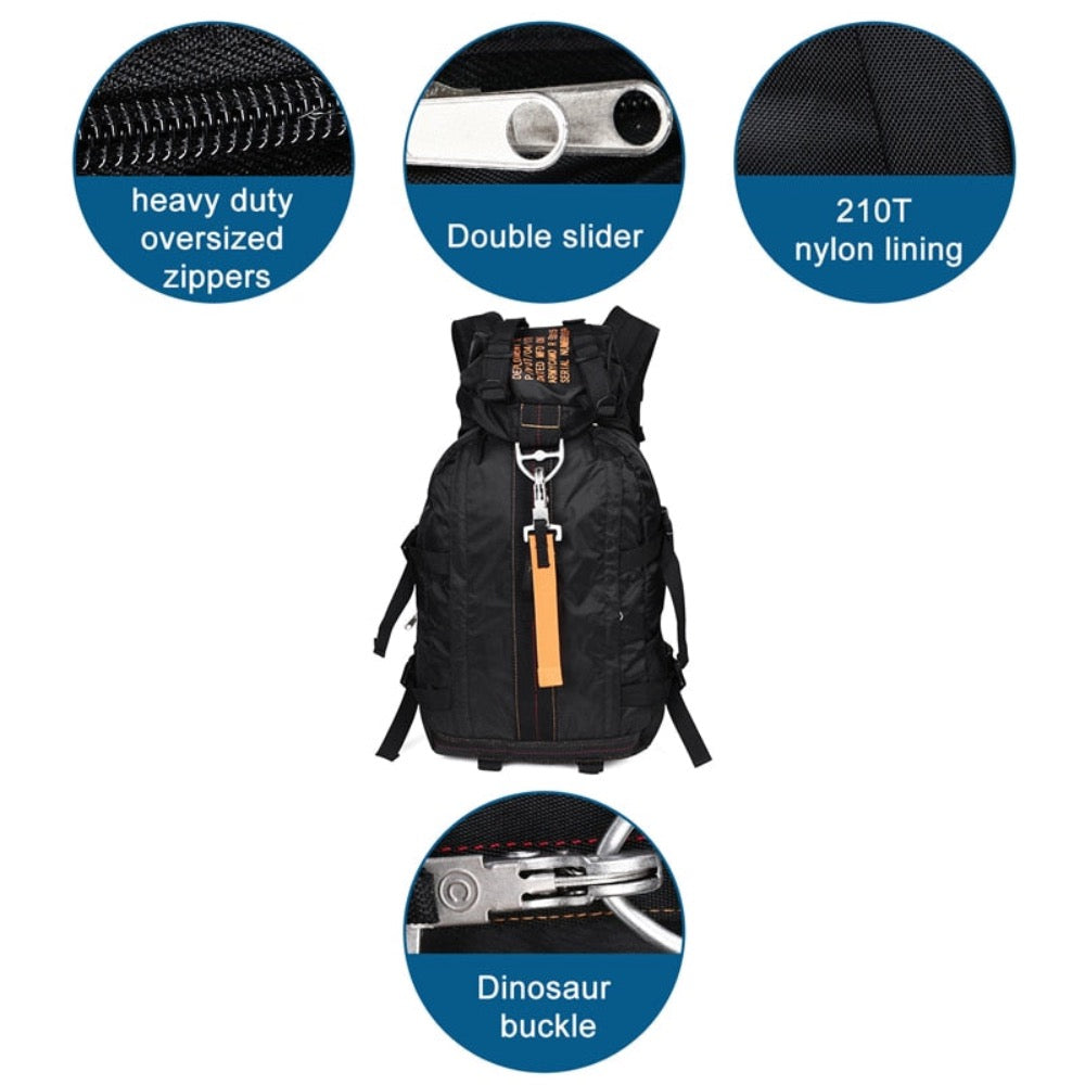 A waterproof lightweight hiking backpack made of durable nylon, featuring multiple pockets and heavy-duty zippers, ideal for outdoor adventures.