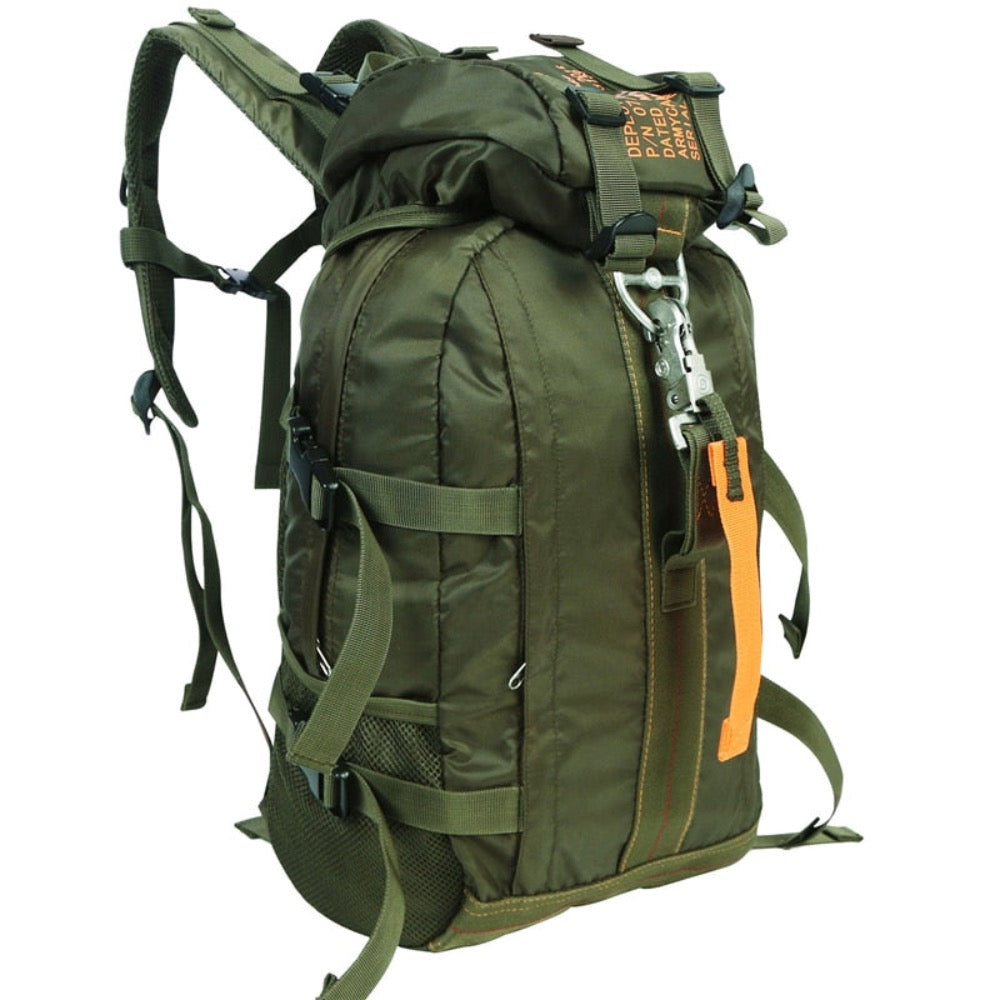 A waterproof lightweight hiking backpack made of durable nylon, featuring multiple pockets and heavy-duty zippers, ideal for outdoor adventures.