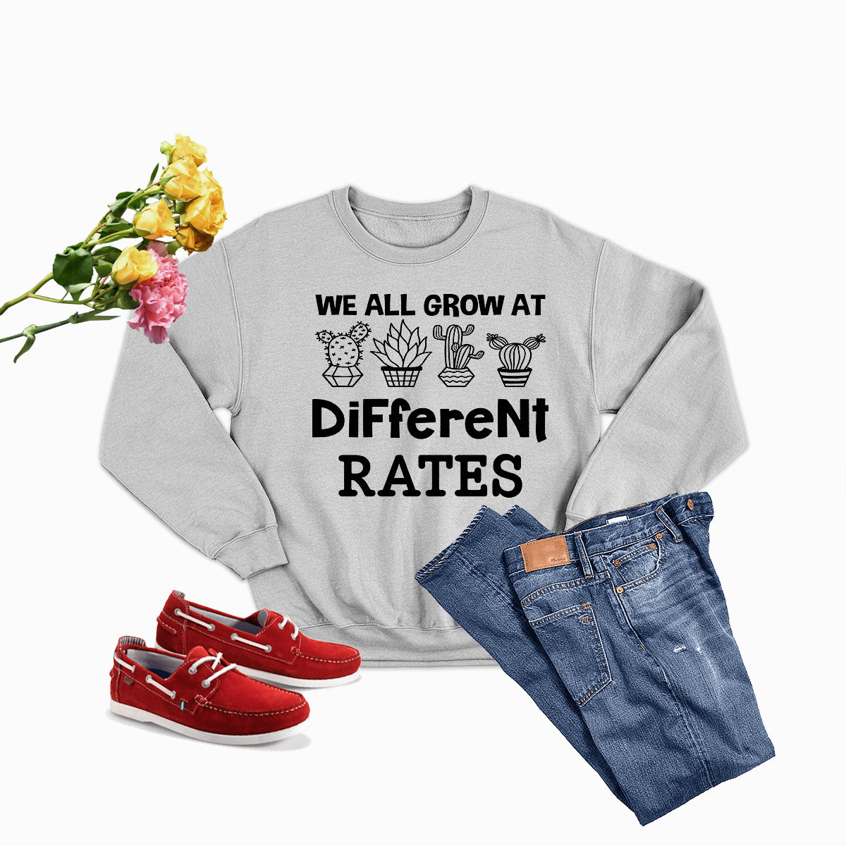 We All Grow At Different Rates Sweat Shirt featuring a unique artistic design, cozy fleece lining, and adjustable cuffs.