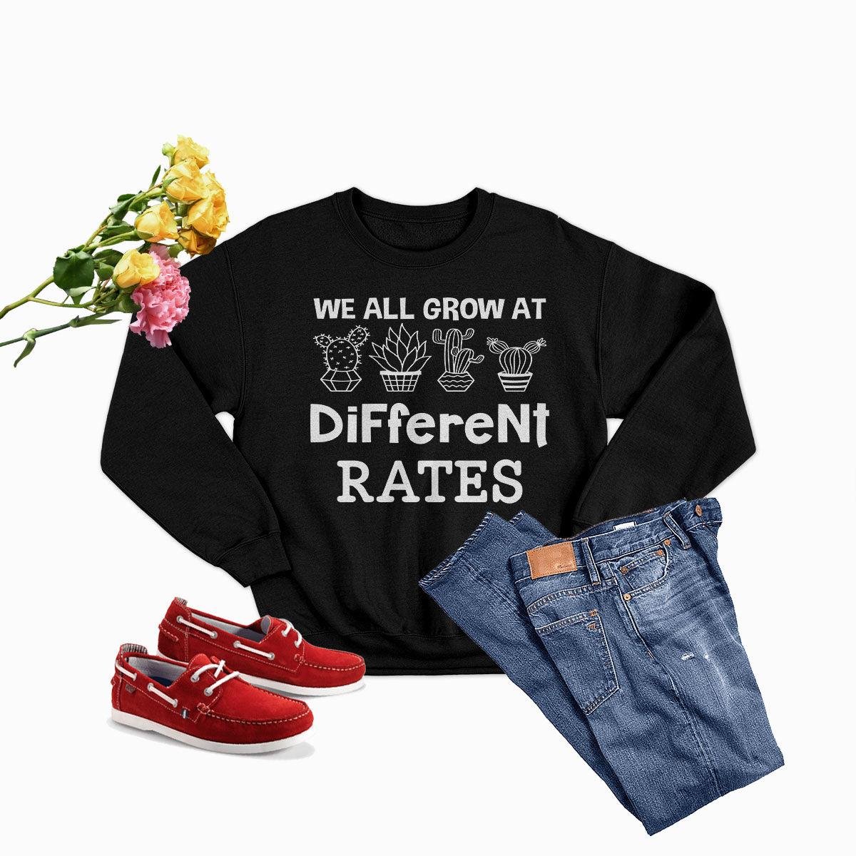 We All Grow At Different Rates Sweat Shirt featuring a unique artistic design, cozy fleece lining, and adjustable cuffs.