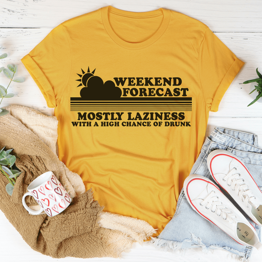 Weekend Forecast T-Shirt made from soft ring-spun cotton, featuring double stitching for durability and available in various sizes.