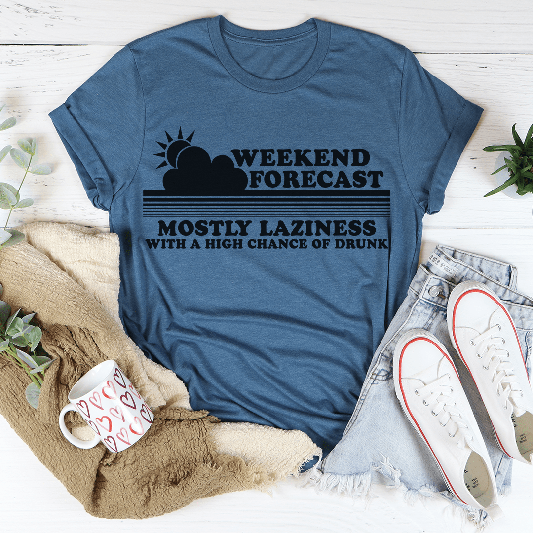 Weekend Forecast T-Shirt made from soft ring-spun cotton, featuring double stitching for durability and available in various sizes.