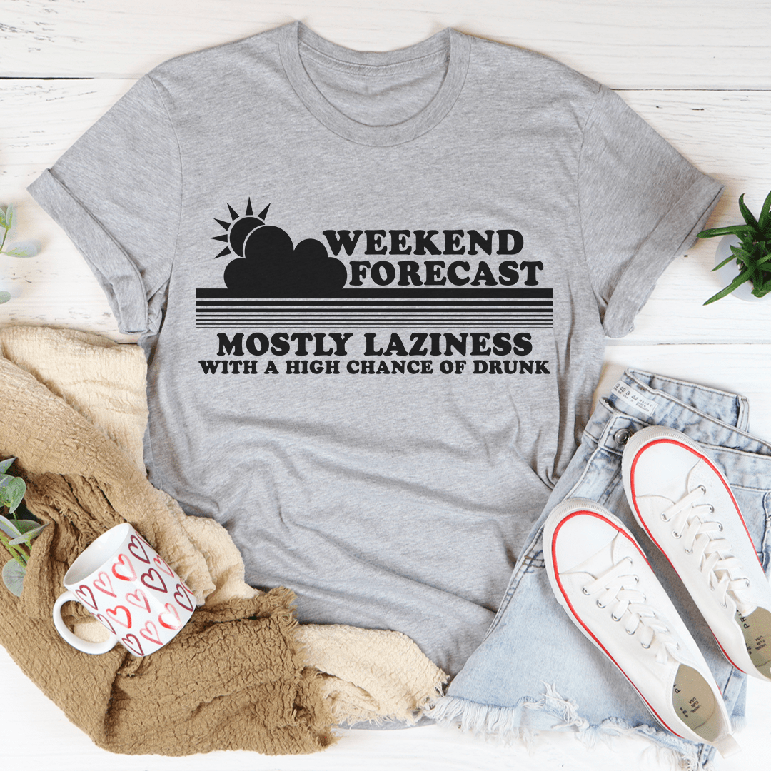 Weekend Forecast T-Shirt made from soft ring-spun cotton, featuring double stitching for durability and available in various sizes.