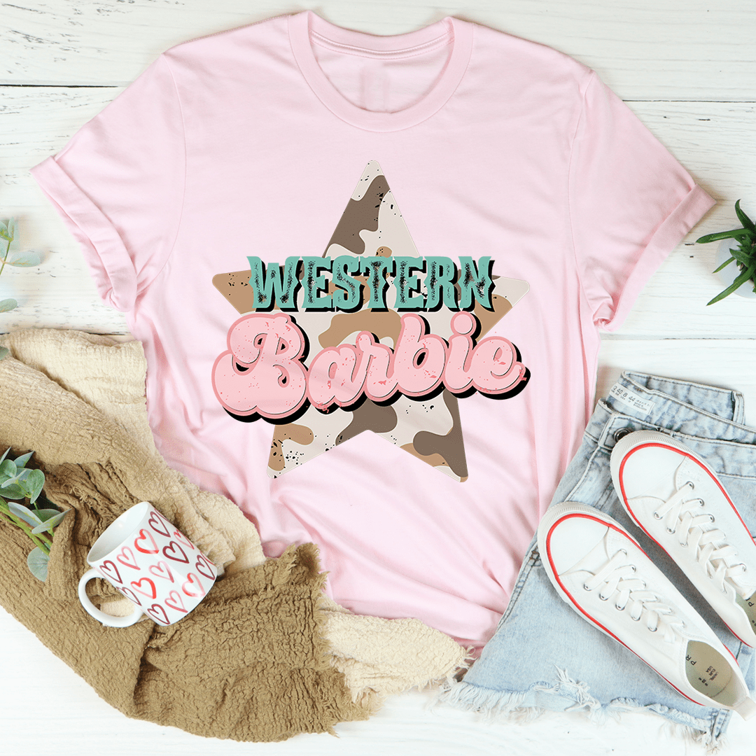 Western Barbie Star T-Shirt made of soft ring-spun cotton with double stitching, showcasing a trendy design.