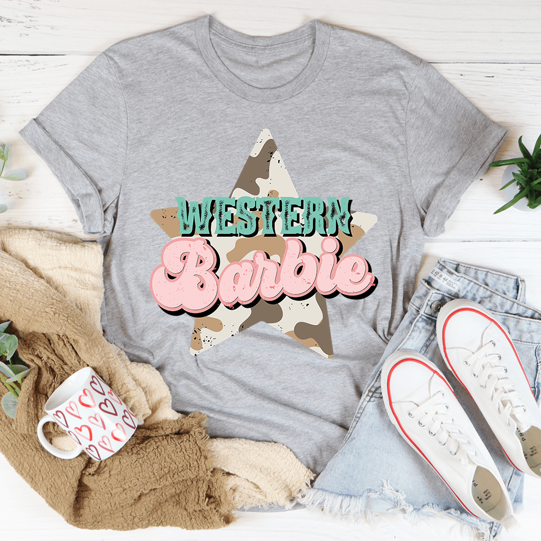 Western Barbie Star T-Shirt made of soft ring-spun cotton with double stitching, showcasing a trendy design.