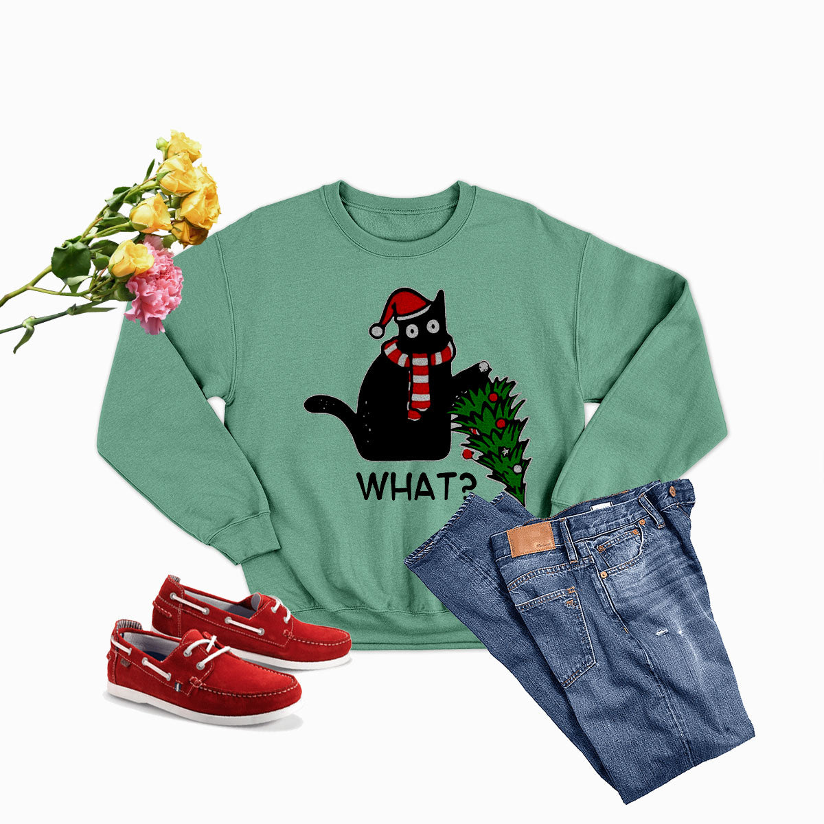 A cozy Cat Christmas Tree Sweat Shirt featuring a playful design with a cat and Christmas tree, perfect for festive occasions.