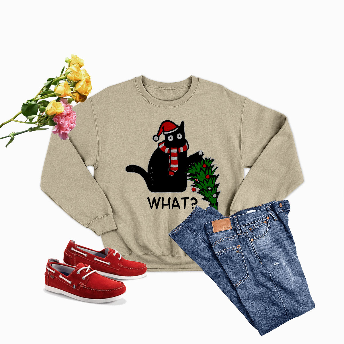 A cozy Cat Christmas Tree Sweat Shirt featuring a playful design with a cat and Christmas tree, perfect for festive occasions.