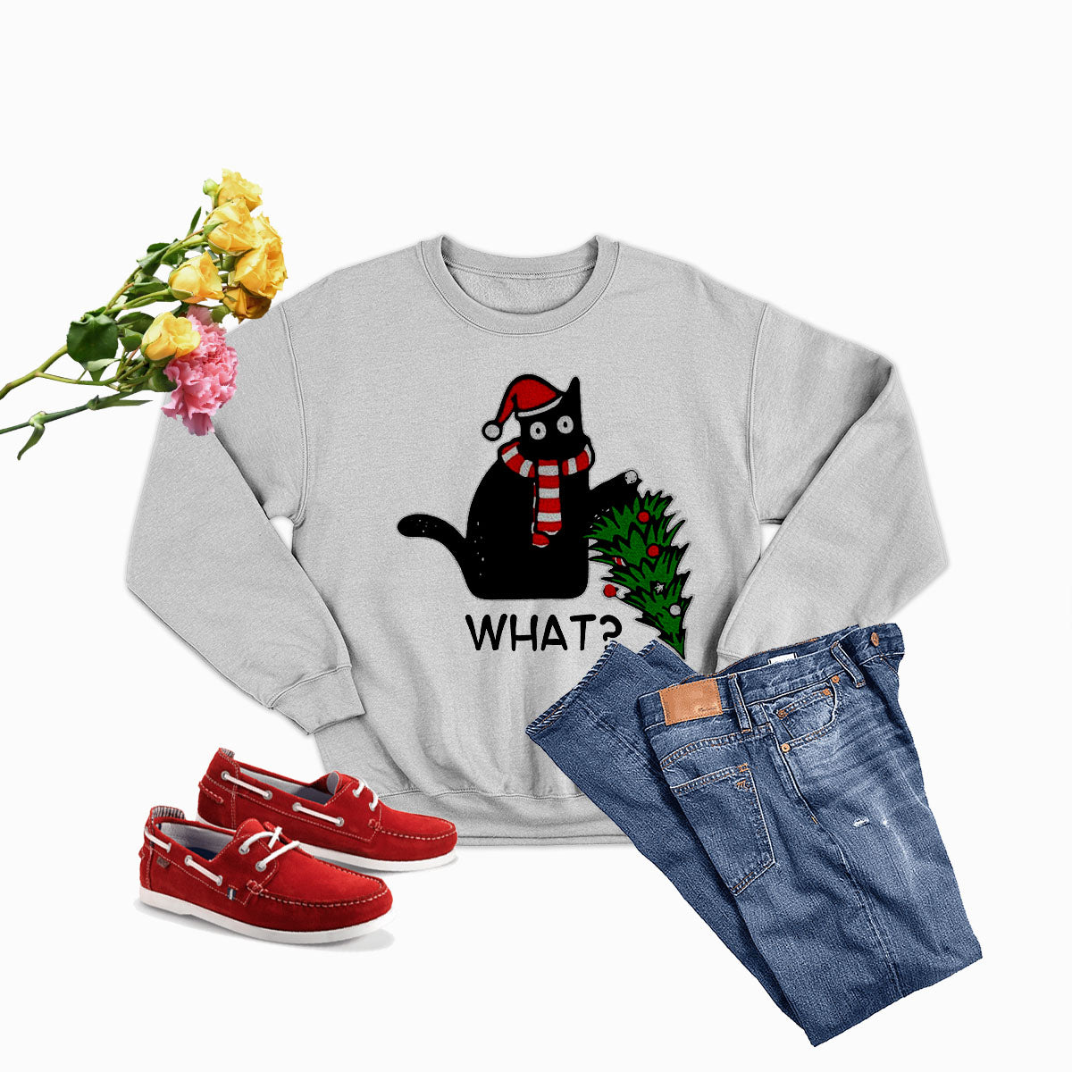 A cozy Cat Christmas Tree Sweat Shirt featuring a playful design with a cat and Christmas tree, perfect for festive occasions.