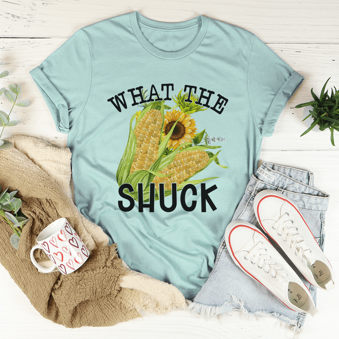 What The Shuck T-Shirt made of soft ring-spun cotton, featuring double stitching for durability, available in various sizes.