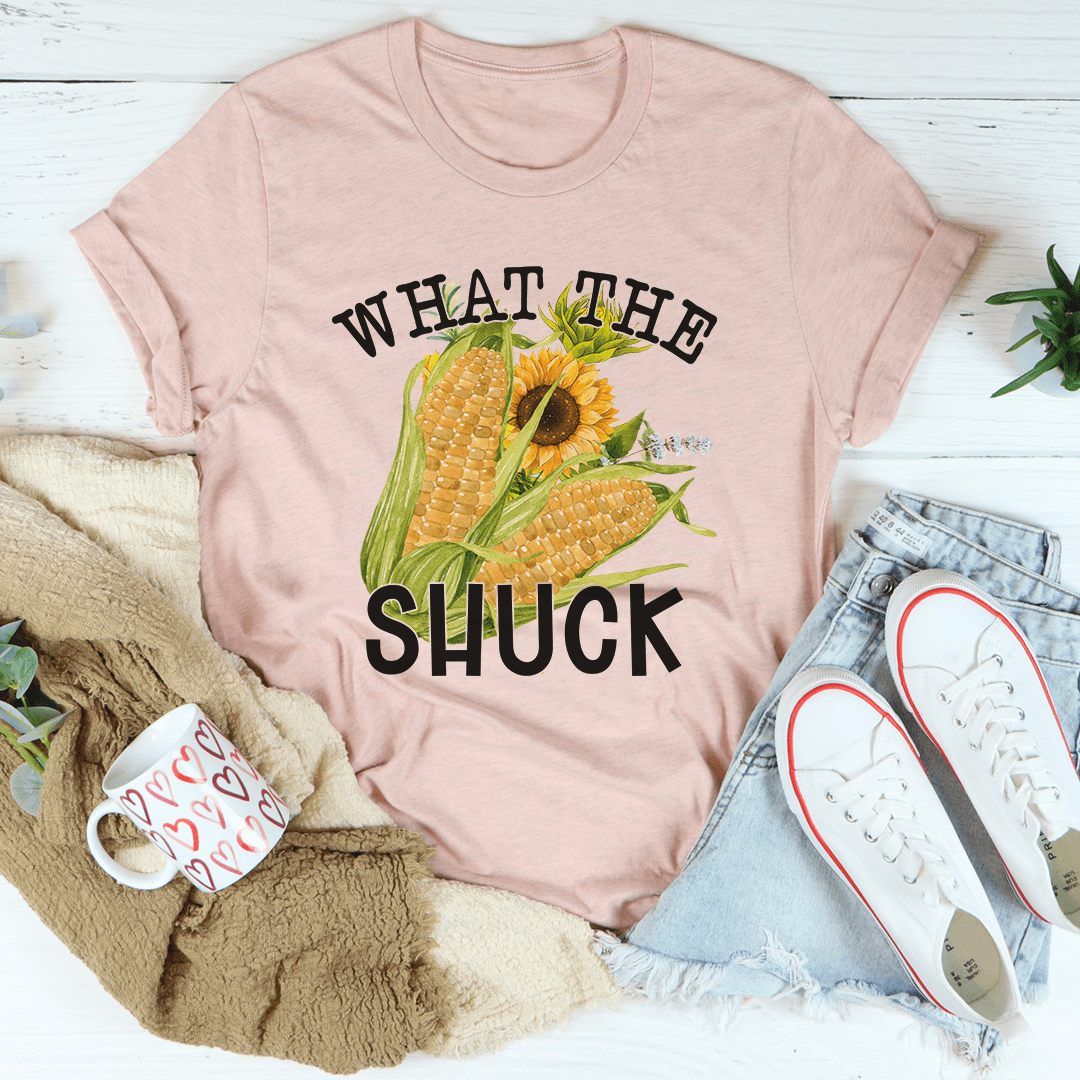 What The Shuck T-Shirt made of soft ring-spun cotton, featuring double stitching for durability, available in various sizes.