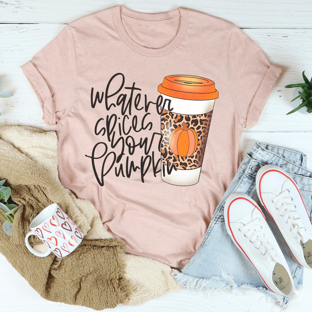 A cozy Pumpkin Coffee Tee made from soft ring-spun cotton, featuring double stitching for durability and a fun pumpkin spice design.