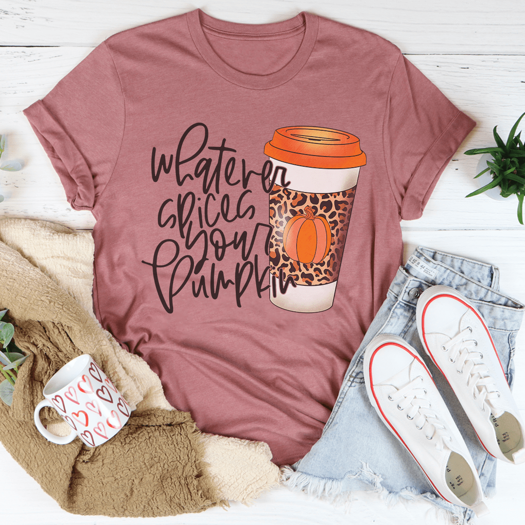 A cozy Pumpkin Coffee Tee made from soft ring-spun cotton, featuring double stitching for durability and a fun pumpkin spice design.