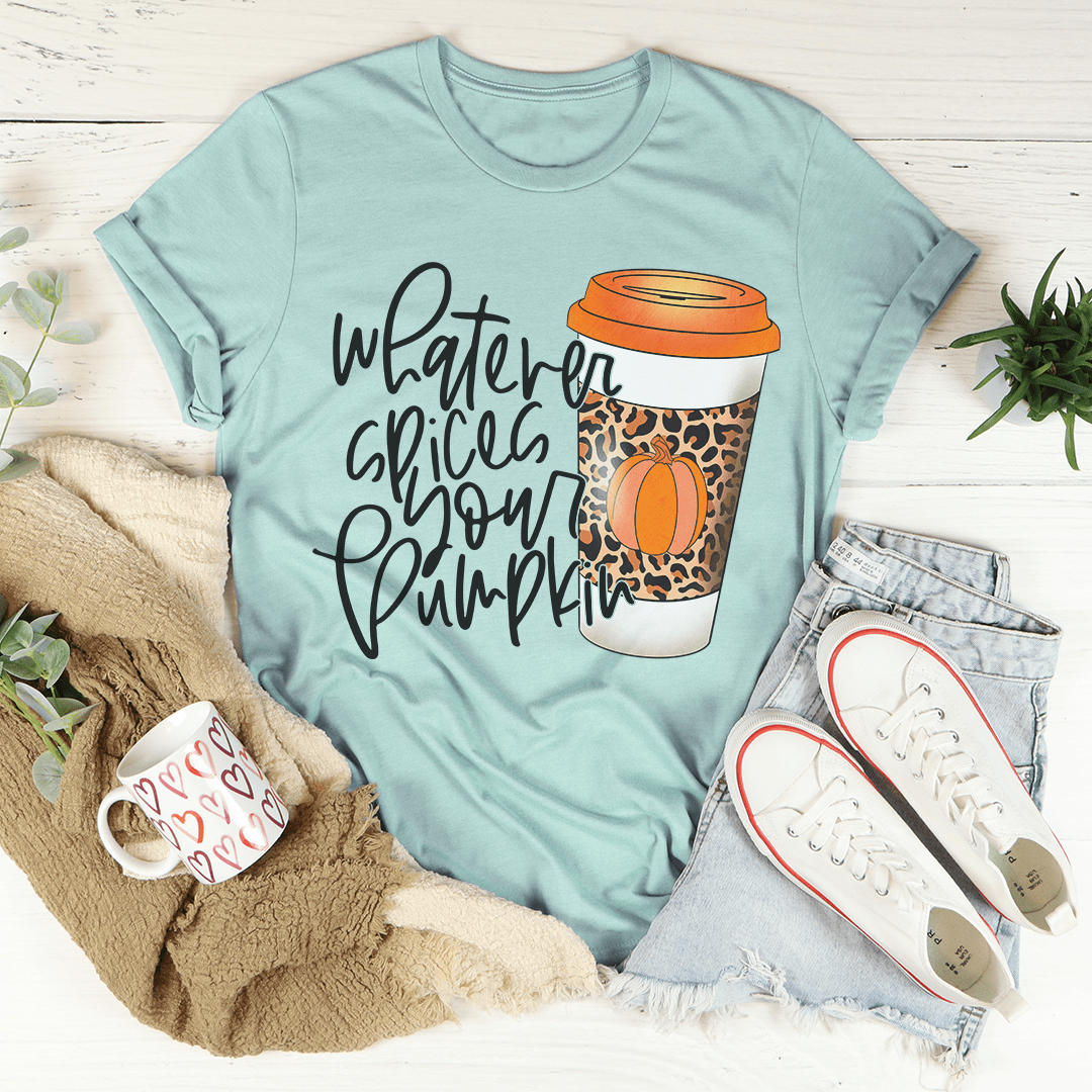 A cozy Pumpkin Coffee Tee made from soft ring-spun cotton, featuring double stitching for durability and a fun pumpkin spice design.