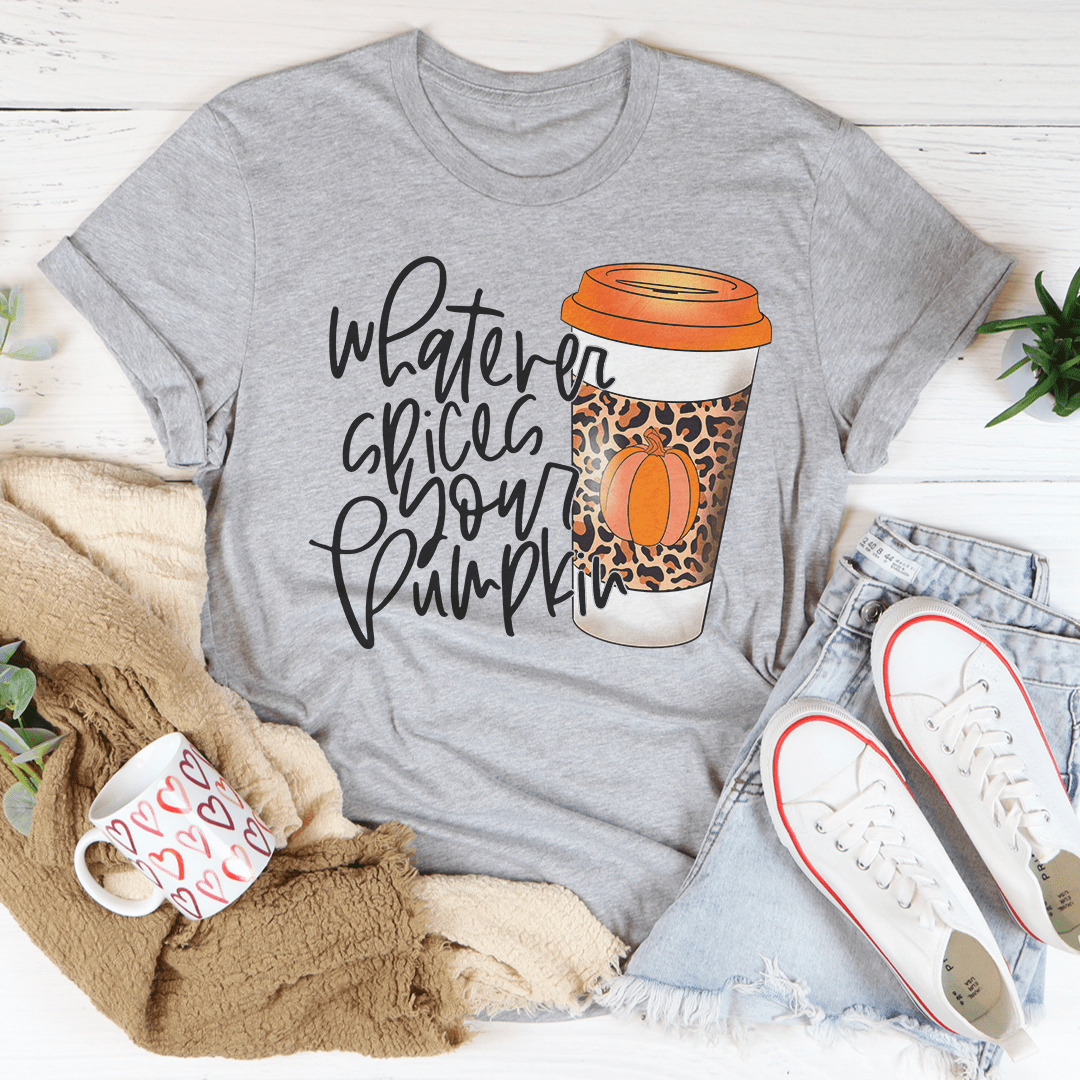 A cozy Pumpkin Coffee Tee made from soft ring-spun cotton, featuring double stitching for durability and a fun pumpkin spice design.