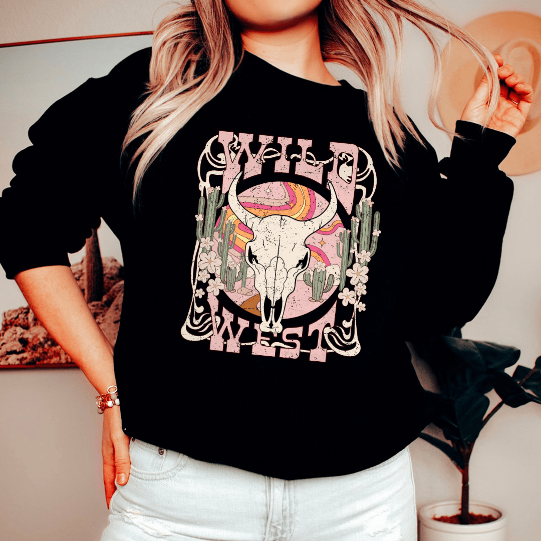 Wild West sweats featuring unique designs by top artists, made from cozy cotton/poly fleece blend.