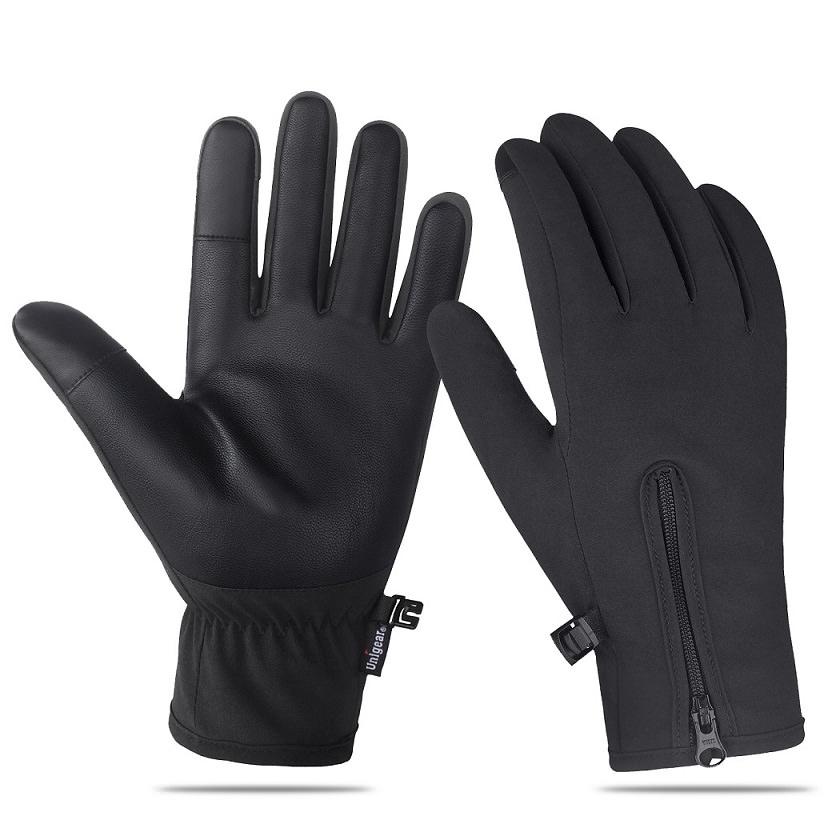 A pair of stylish winter gloves designed for cycling, featuring touch screen technology and a waterproof exterior.