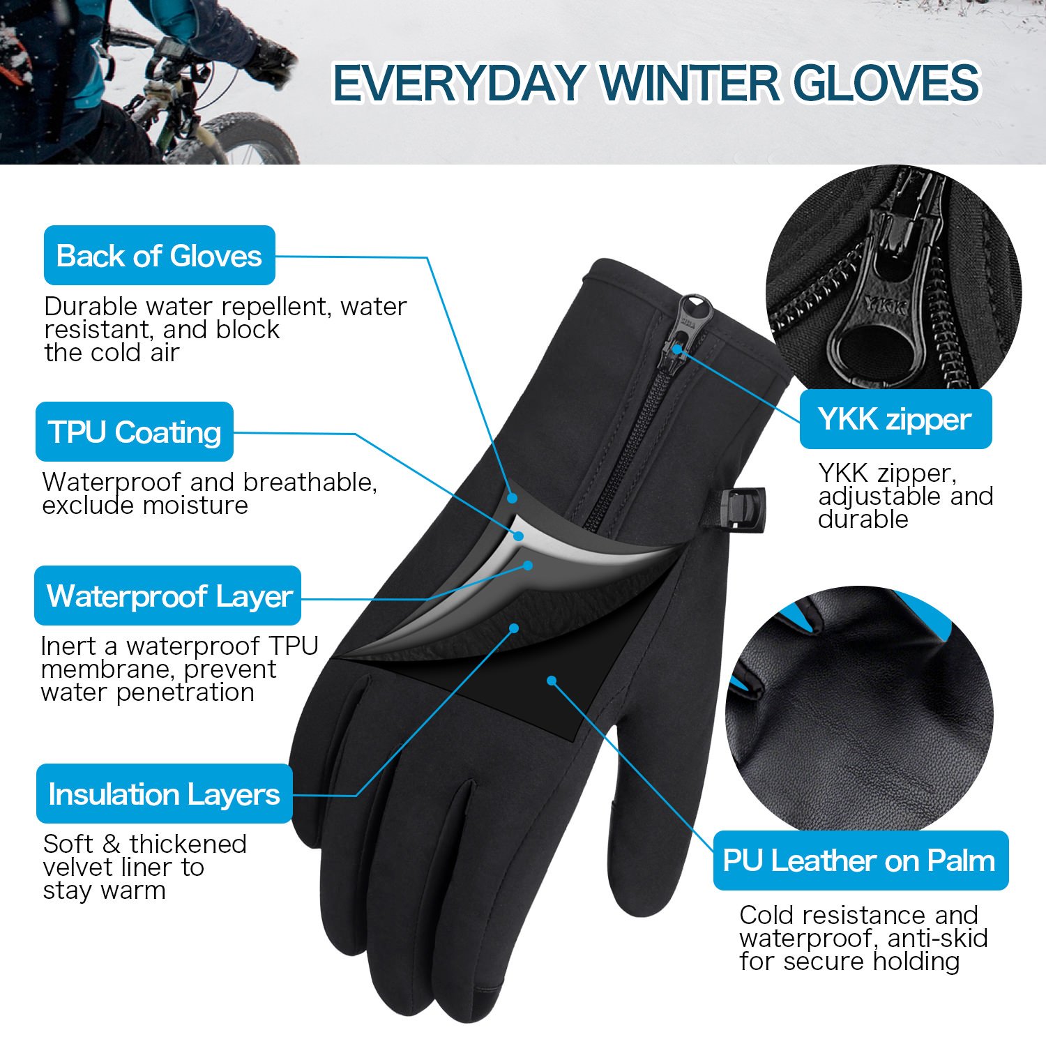 A pair of stylish winter gloves designed for cycling, featuring touch screen technology and a waterproof exterior.