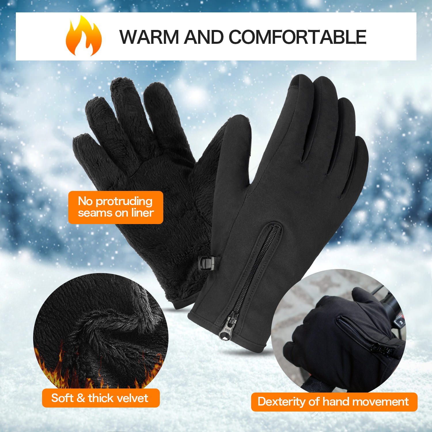 A pair of stylish winter gloves designed for cycling, featuring touch screen technology and a waterproof exterior.