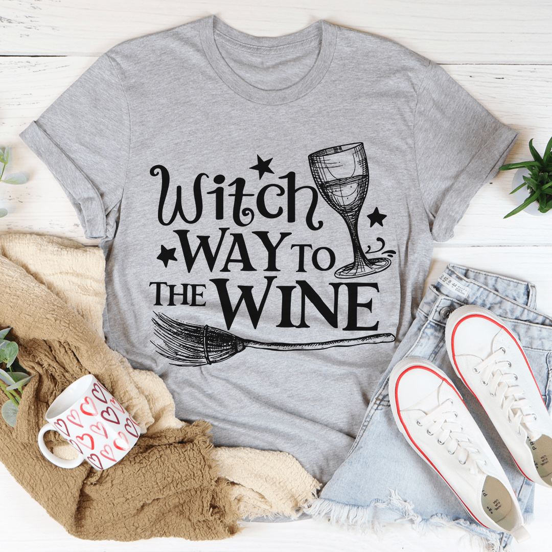 Witch Way To The Wine T-Shirt featuring a playful design, made from soft ring-spun cotton with durable stitching.