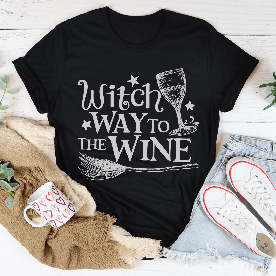 Witch Way To The Wine T-Shirt featuring a playful design, made from soft ring-spun cotton with durable stitching.