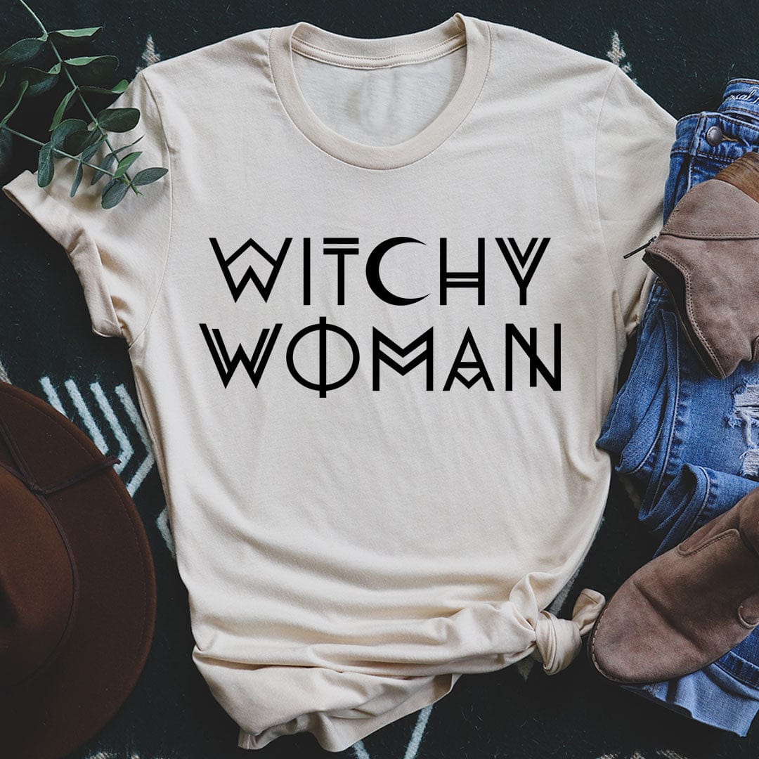 A stylish Witchy Woman T-Shirt made from soft ring-spun cotton, featuring a comfortable fit and durable double stitching.