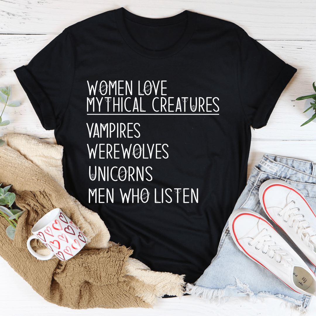 Women Love Mythical Creatures T-Shirt featuring whimsical designs, made from soft cotton with durable stitching.