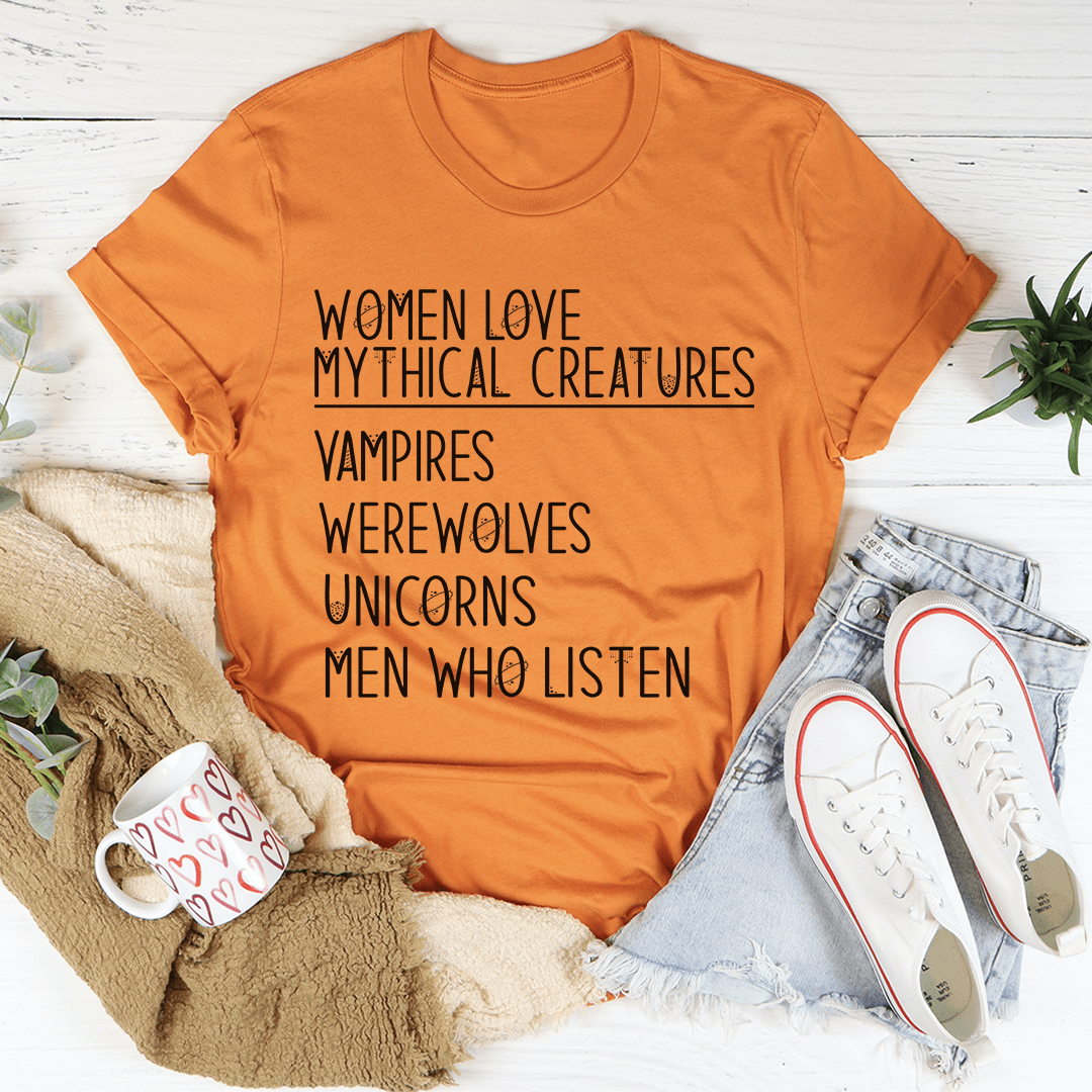 Women Love Mythical Creatures T-Shirt featuring whimsical designs, made from soft cotton with durable stitching.