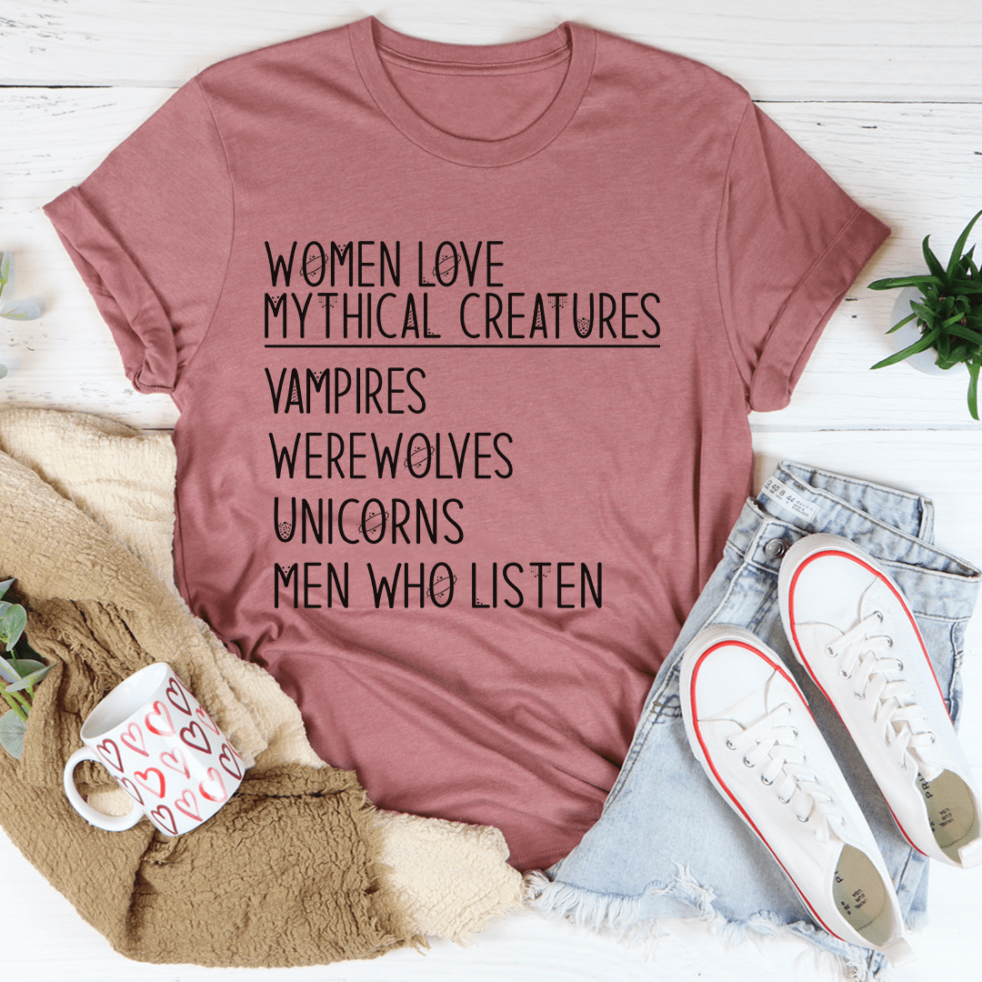 Women Love Mythical Creatures T-Shirt featuring whimsical designs, made from soft cotton with durable stitching.