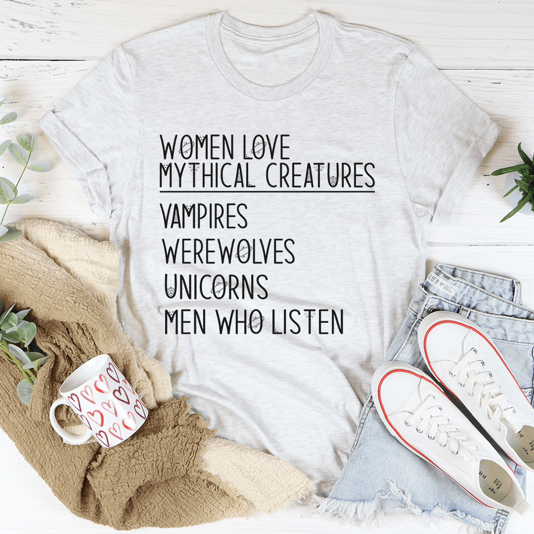 Women Love Mythical Creatures T-Shirt featuring whimsical designs, made from soft cotton with durable stitching.