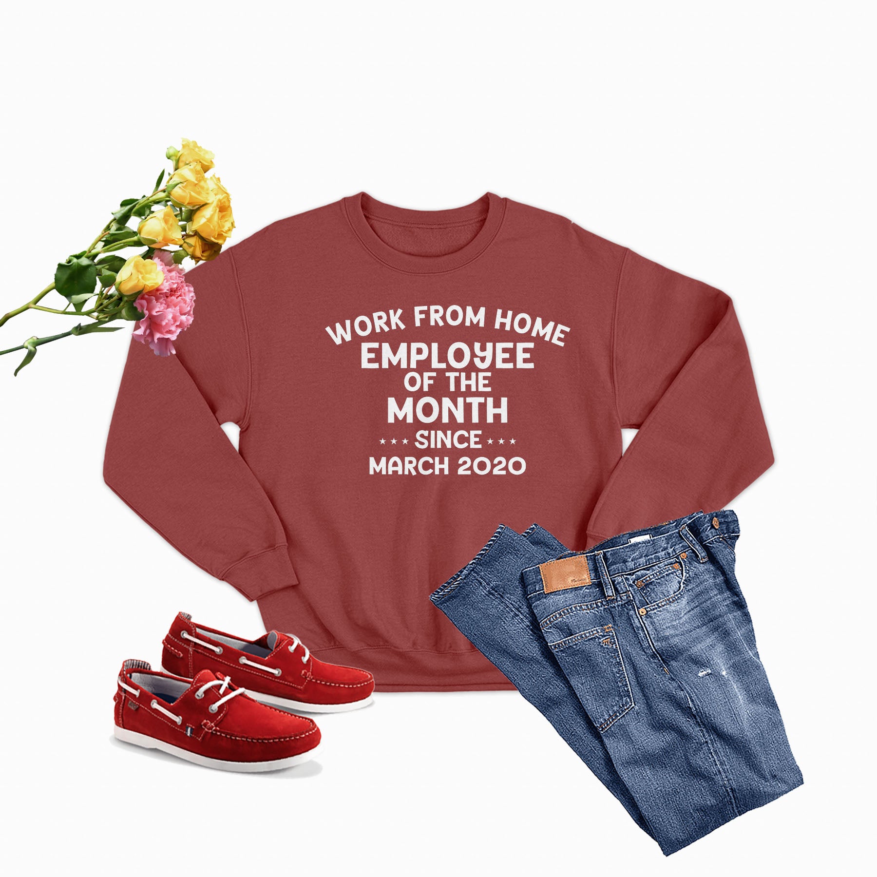 Cozy Work From Home Employee Of The Month Sweat Shirt featuring a stylish design and adjustable cuffs, perfect for remote work.