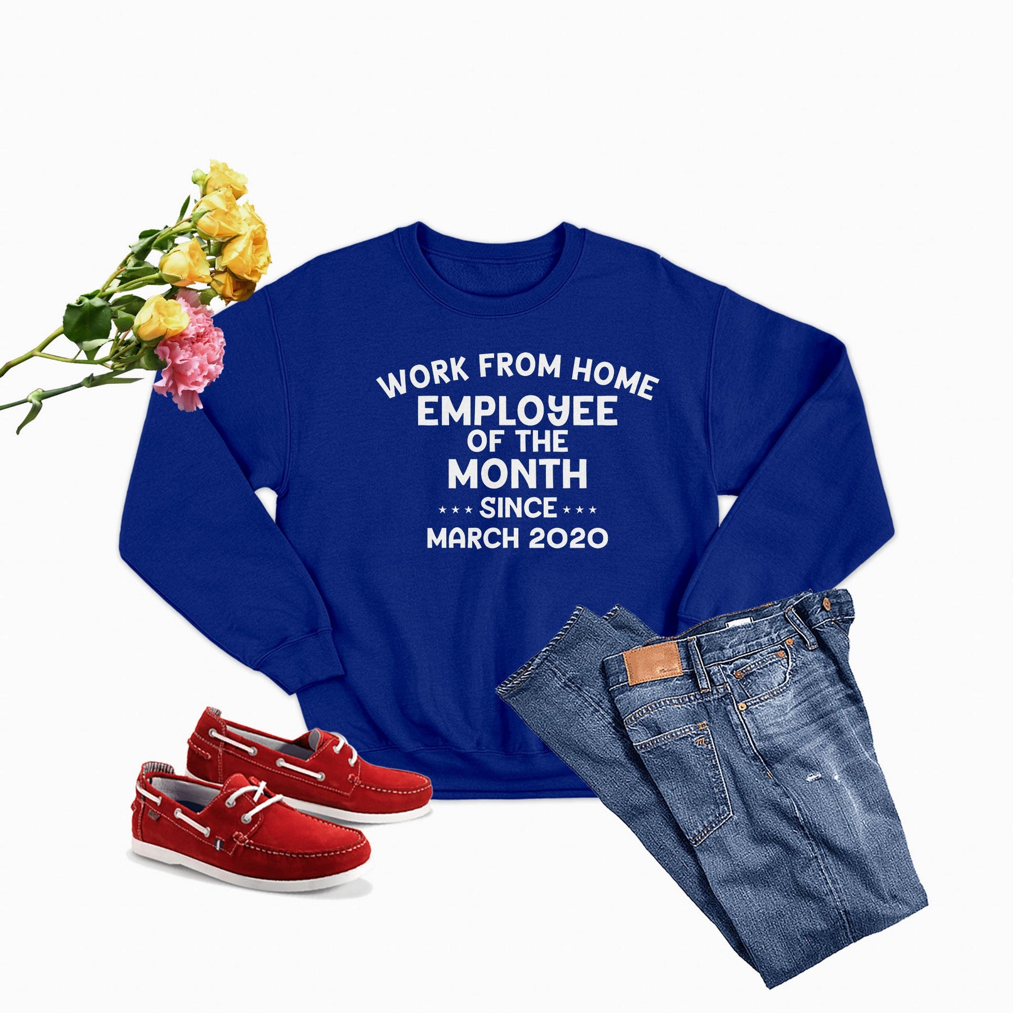 Cozy Work From Home Employee Of The Month Sweat Shirt featuring a stylish design and adjustable cuffs, perfect for remote work.