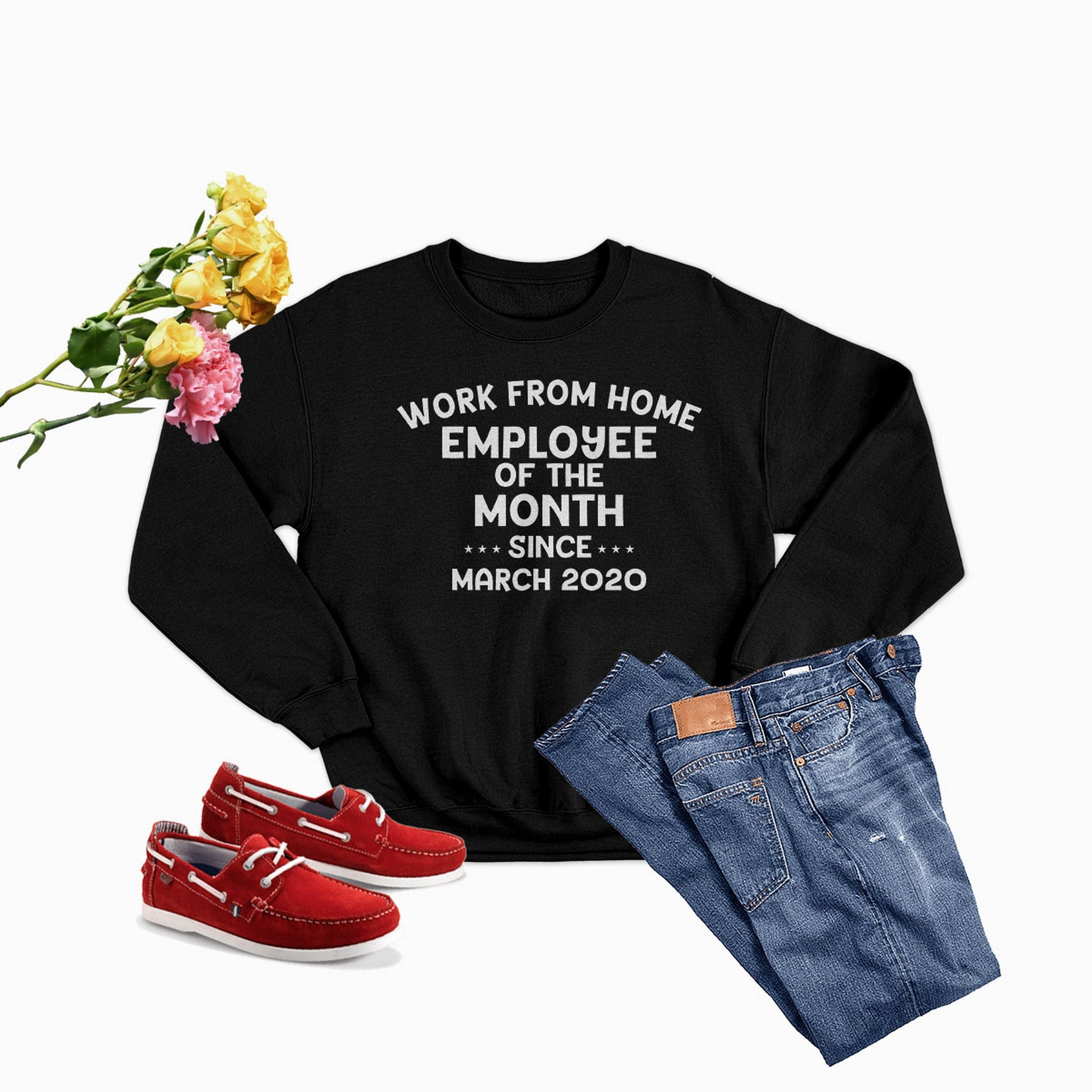 Cozy Work From Home Employee Of The Month Sweat Shirt featuring a stylish design and adjustable cuffs, perfect for remote work.